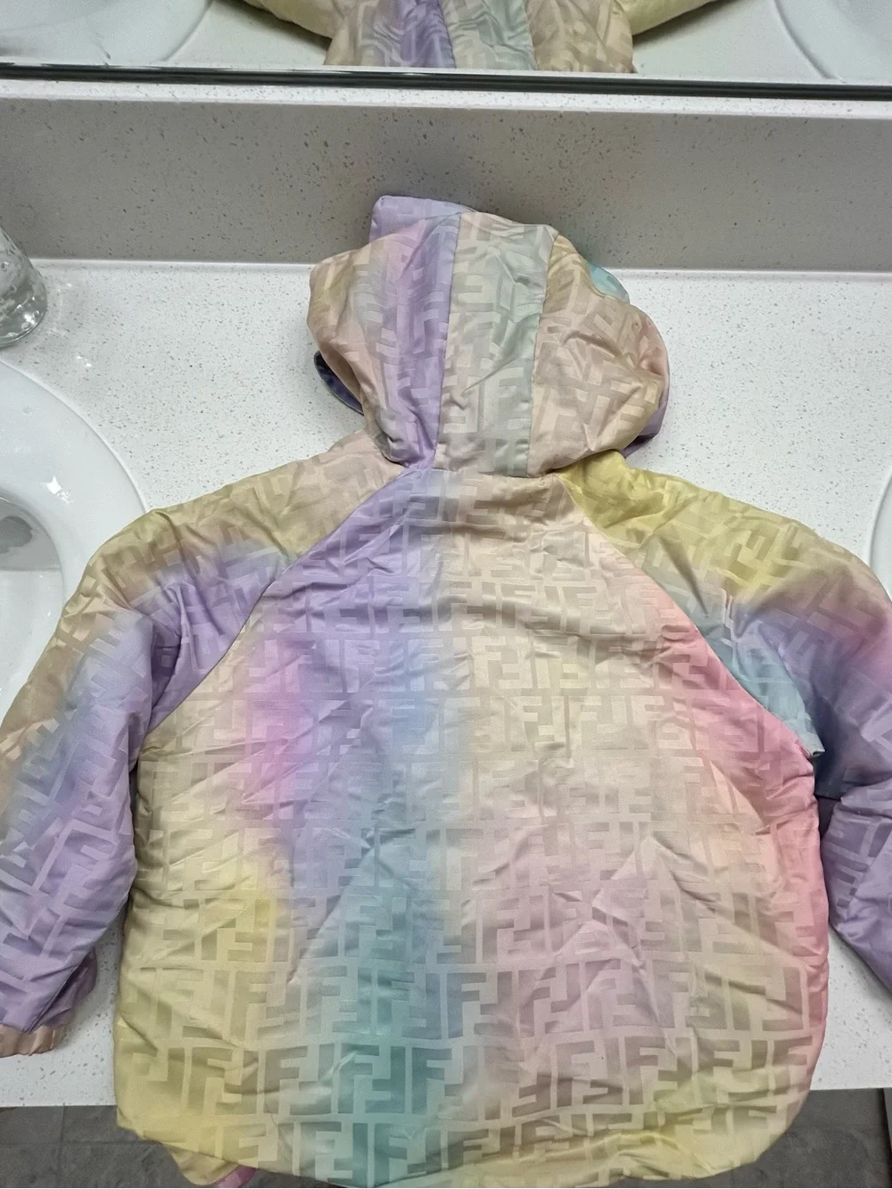 Fendi Pastel Rainbow Bear Hooded Puffer Jacket